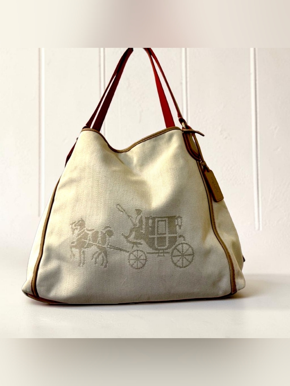 Coach Canvas Shoulder Bag with Iconic Carriage Motif - Cream/red Extra Roomy